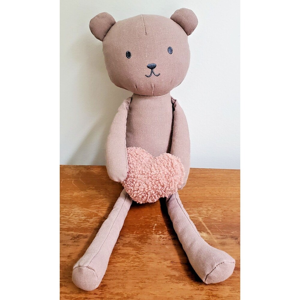 Hearth & Hand Magnolia Plush Bear Brown w Pink Heart 14" Cloth Embroidered Leggy